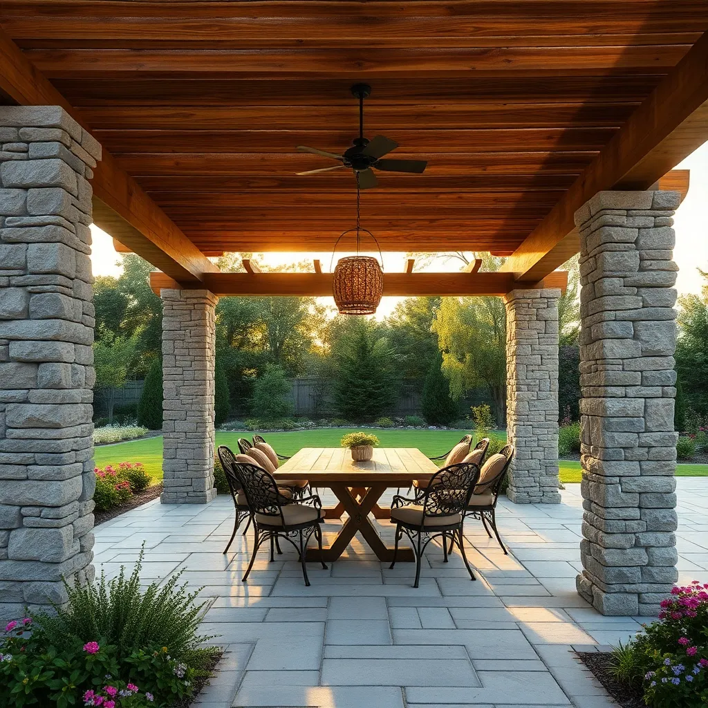 Rustic Stone and Timber Pergola (Mixed Stone Pillars and Oak Beams)