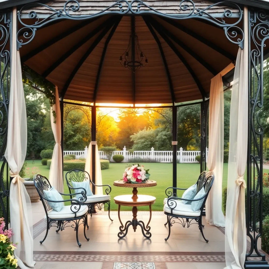 Elegant Ironwork Gazebo (Wrought Iron with Floral Accents)