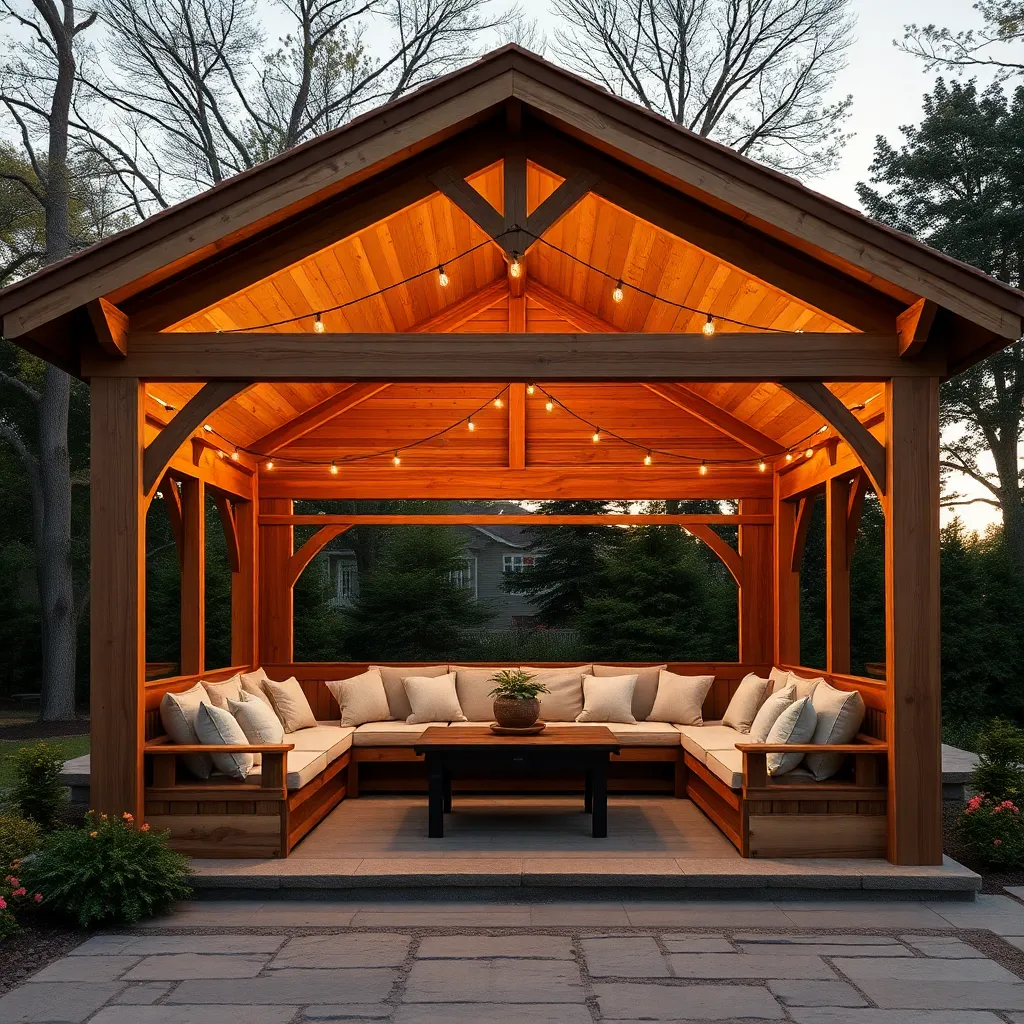 Wooden Pavilion Gazebo (Cedar with Built-In Seating)
