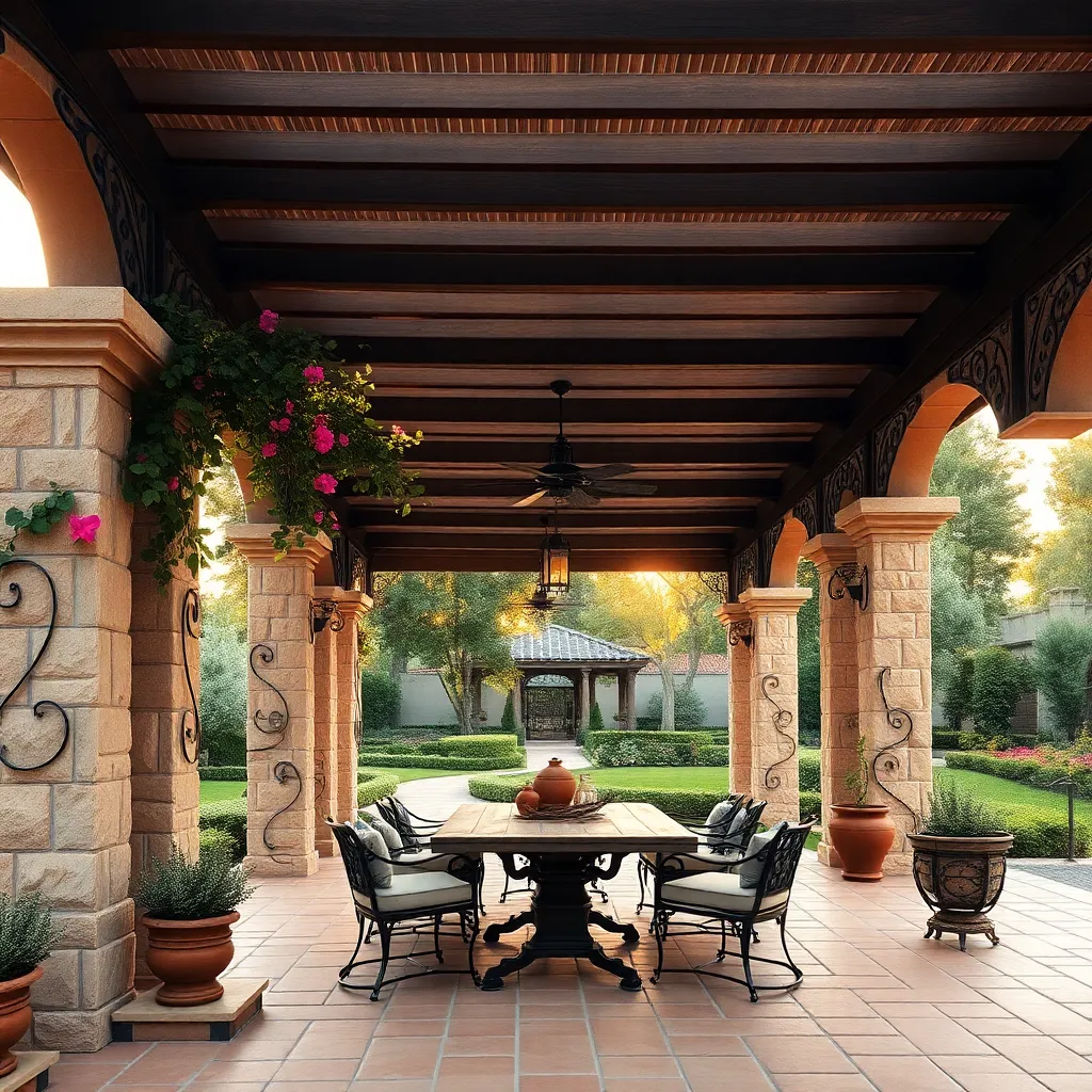 Mediterranean Style Pergola (Stone Columns with Wrought Iron Details)
