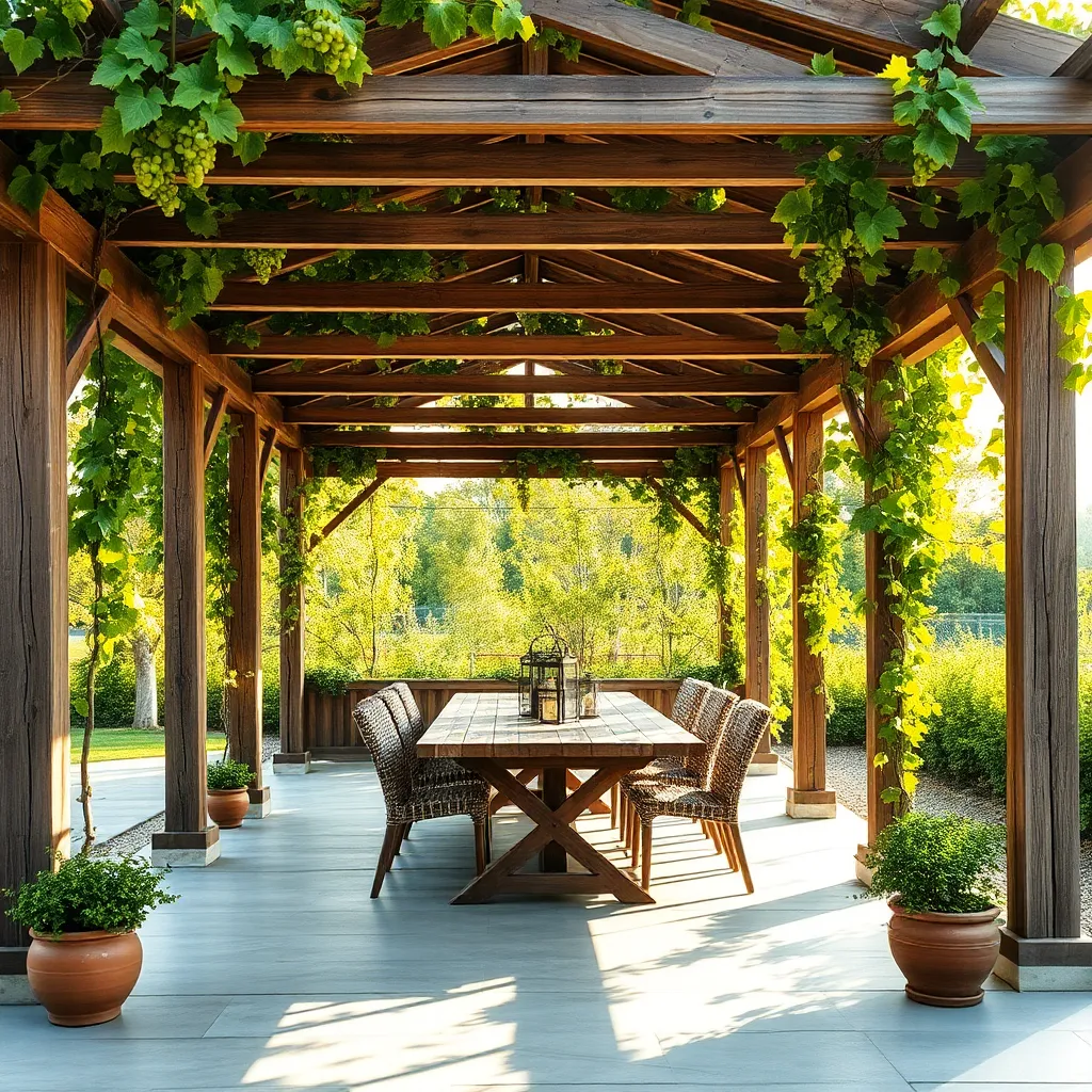 Rustic Vineyard Pergola (Reclaimed Wood with Climbing Vines)