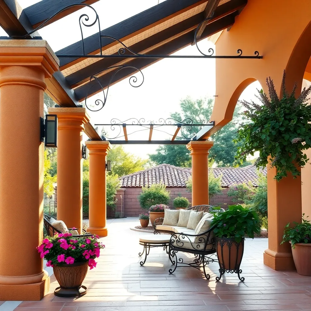 Mediterranean Style Pergola (Stucco Columns with Wrought Iron)