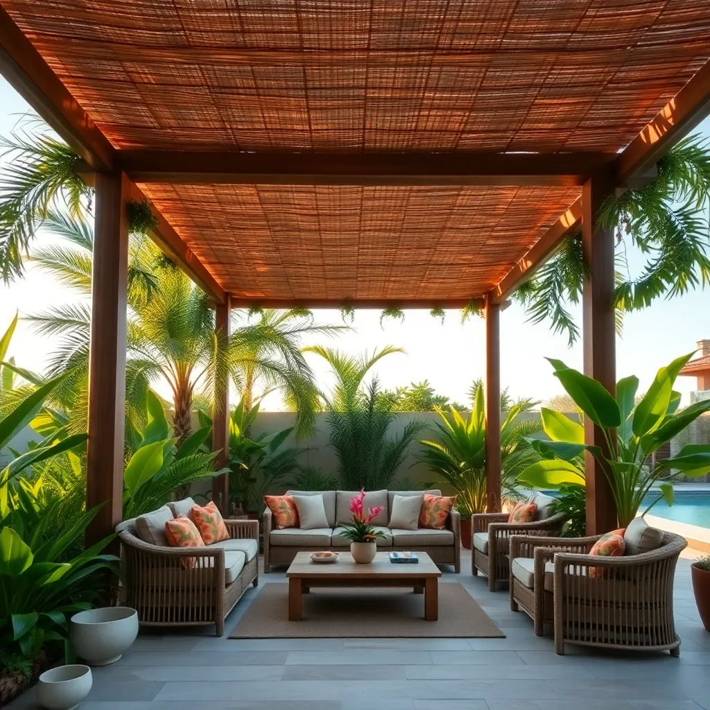 Tropical Oasis Pergola (Bamboo Slats & Lush Greenery)